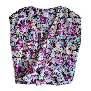CABI Women M Eden Floral Top V-Neck Back Slit Snaps Purple Yellow Pink Bust 44"